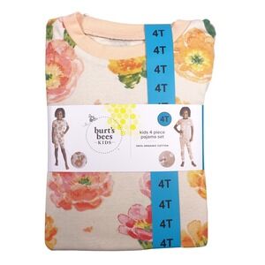 Burt's Bees Kids 4 Piece Pajama Set 4T Organic Cotton Floral Llama Orange NEW